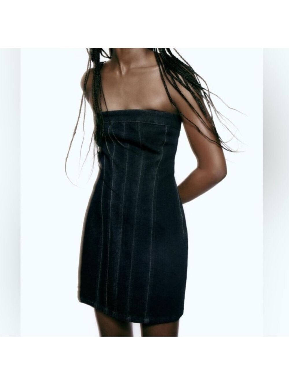 Zara Black Strapless Corseted denim side zippered Dress size xs